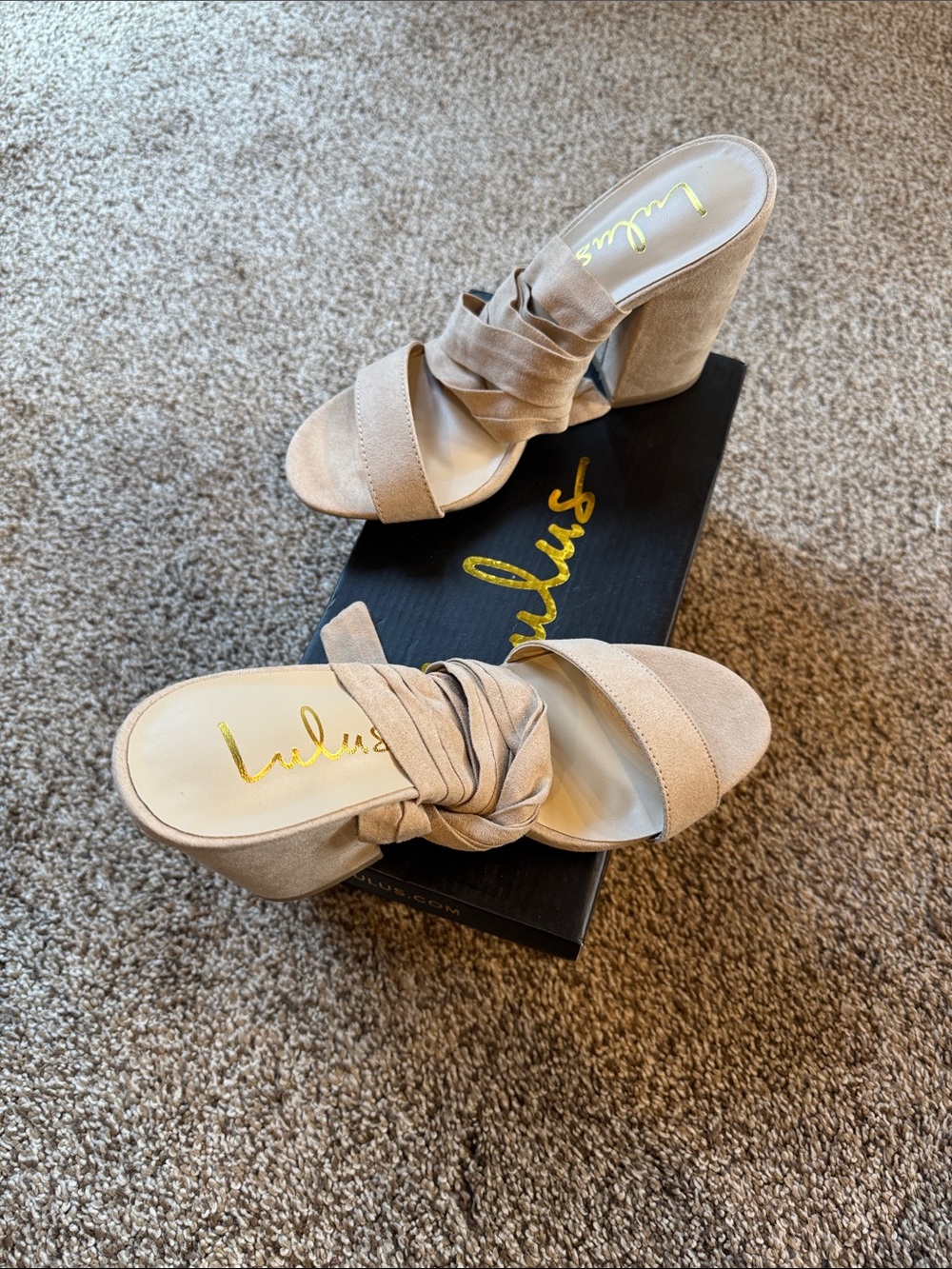 Lulu's Taupe Knotted Suede Block Heel Mules